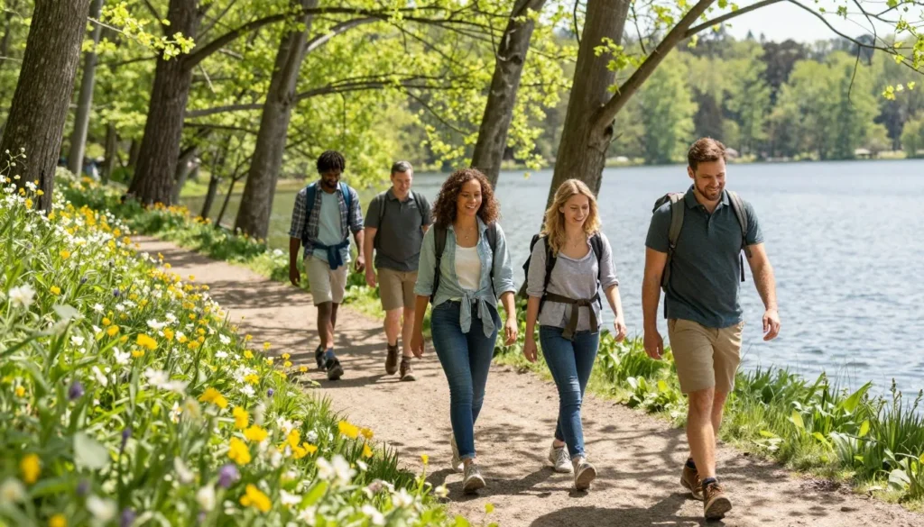 Diverse group of hikers on forest trail near Center Hill Lake Tennessee