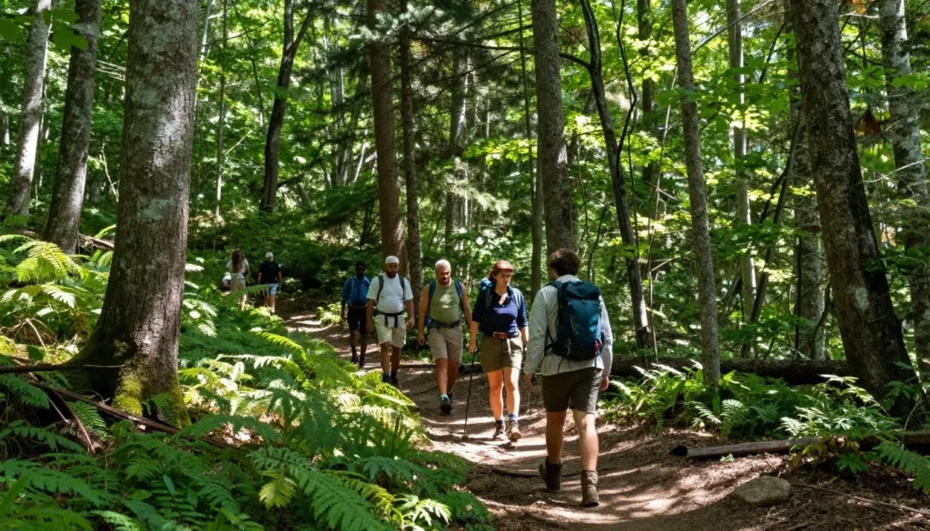 Diverse group of hikers on forest trail surrounded by tall trees and dappled sunlight in Great Smoky Mountains Diverse group of hikers on forest trail surrounded by tall trees and dappled sunlight in Great Smoky Mountains