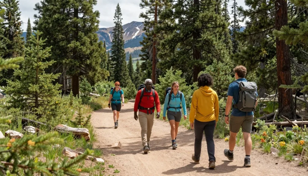 Diverse group of hikers on mountain trail through forest