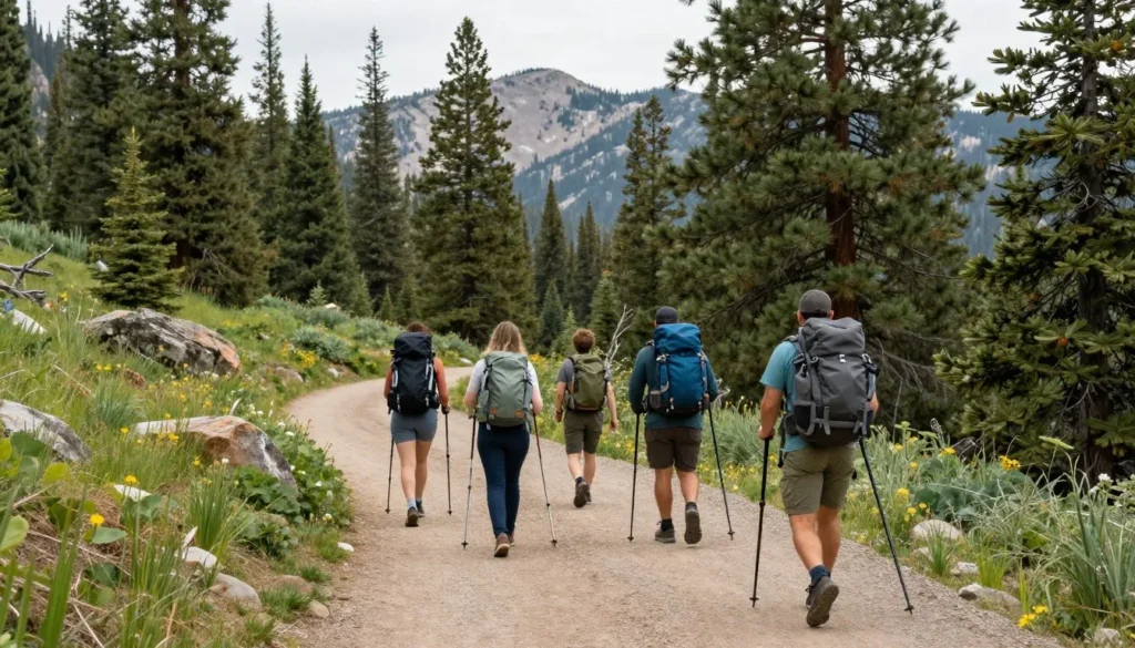 Diverse group of hikers on mountain trail through pine forest in Great Basin National Park