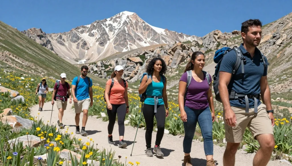 Diverse group of hikers on mountain trail with alpine scenery and clear blue sky in Great Basin wilderness