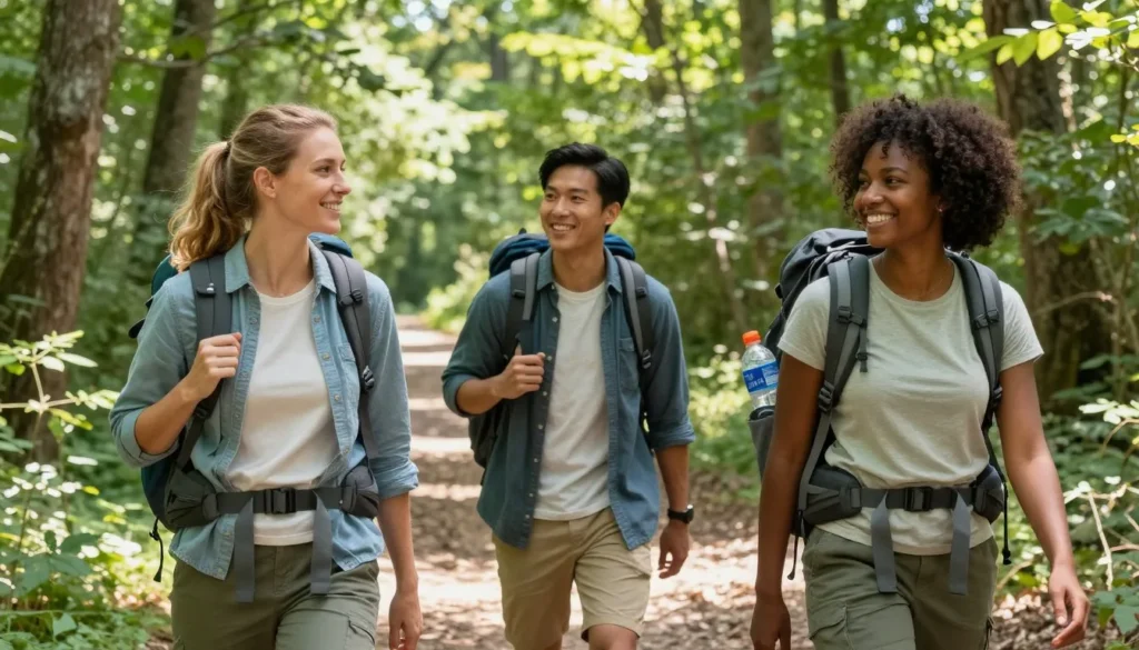 Diverse group of hikers on sunny trail with hiking gear and water bottles
