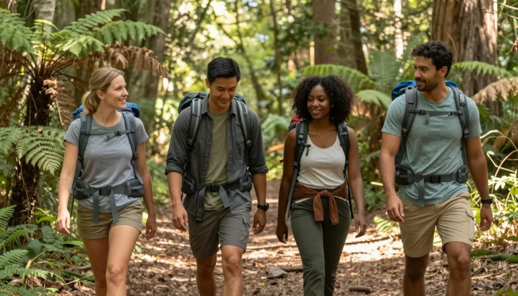 Diverse group of hikers trekking through Tennessee forest on scenic trail