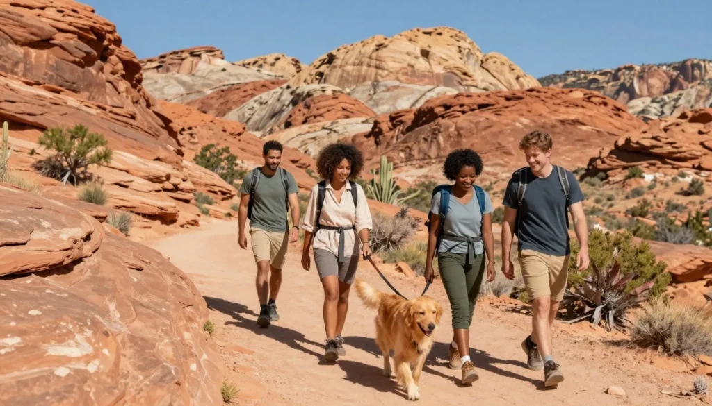 Diverse group of hikers with leashed dog enjoying Red Rock Canyon trail Diverse group of hikers with leashed dog enjoying Red Rock Canyon trail