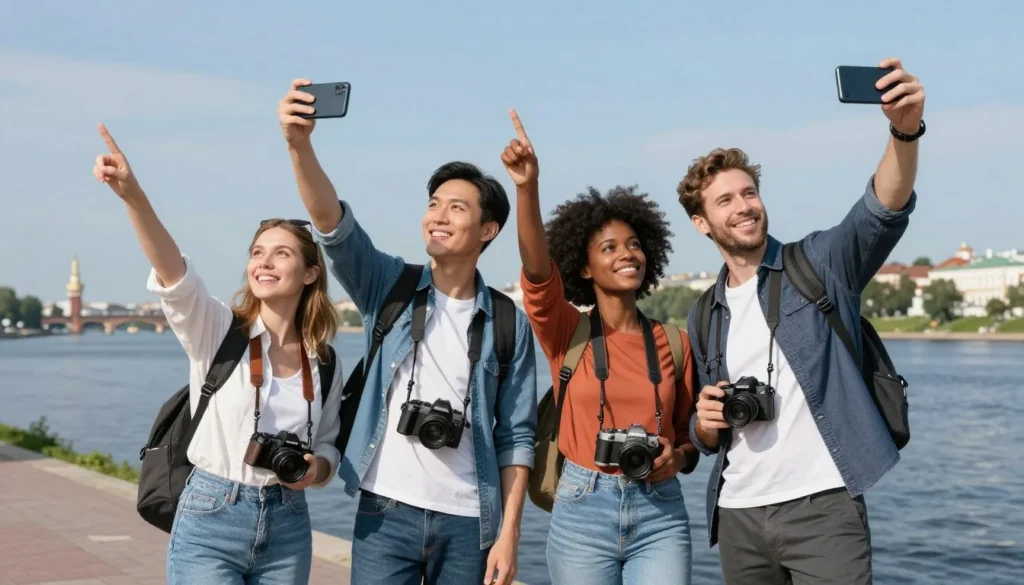 Diverse group of international tourists enjoying their visit to Tver Oblast