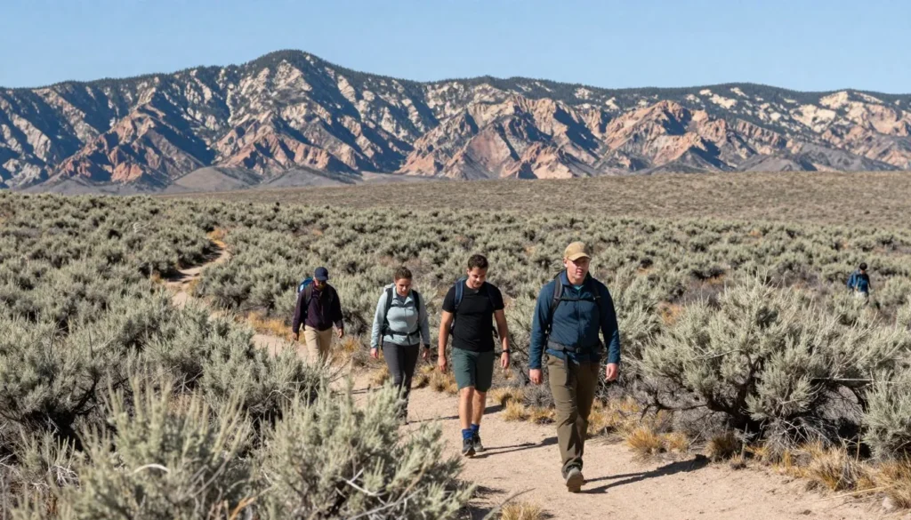 Diverse group of outdoor enthusiasts hiking through high desert terrain at wildlife sanctuary Diverse group of outdoor enthusiasts hiking through high desert terrain at wildlife sanctuary