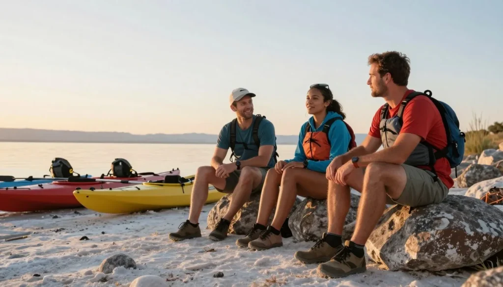 Diverse group of outdoor enthusiasts sharing stories after Great Salt Lake expedition Diverse group of outdoor enthusiasts sharing stories after Great Salt Lake expedition