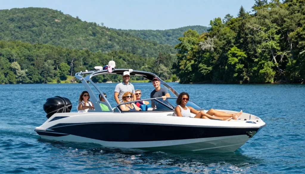 Diverse group of people enjoying boating on Center Hill Lake Tennessee on sunny day