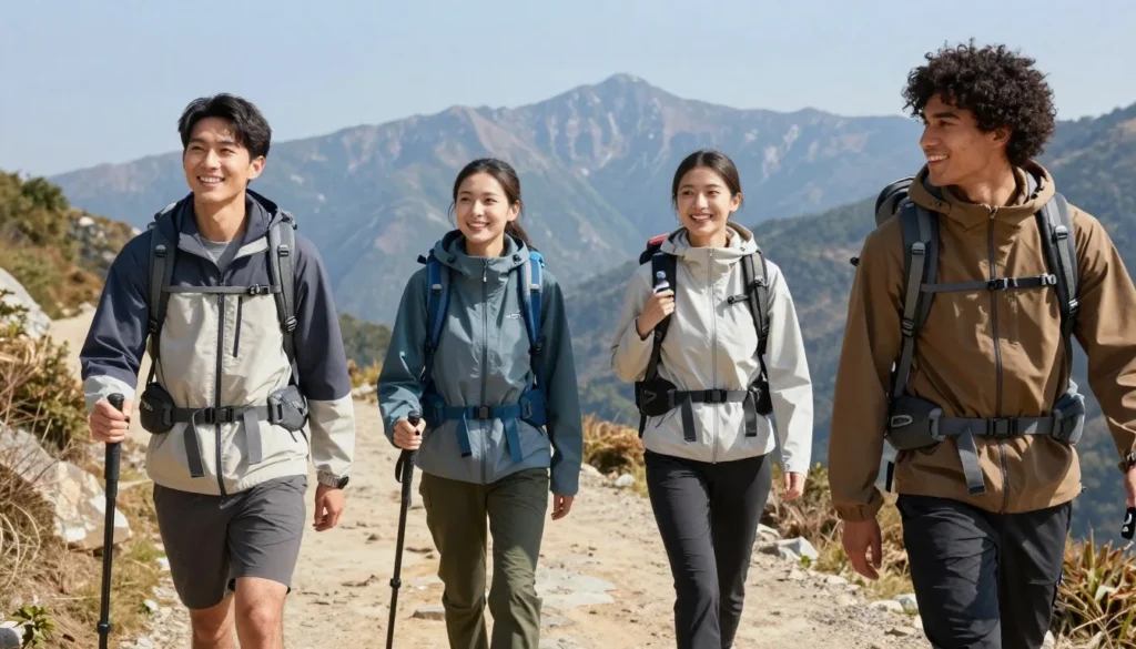 Diverse group of prepared hikers with proper gear on mountain trail Diverse group of prepared hikers with proper gear on mountain trail