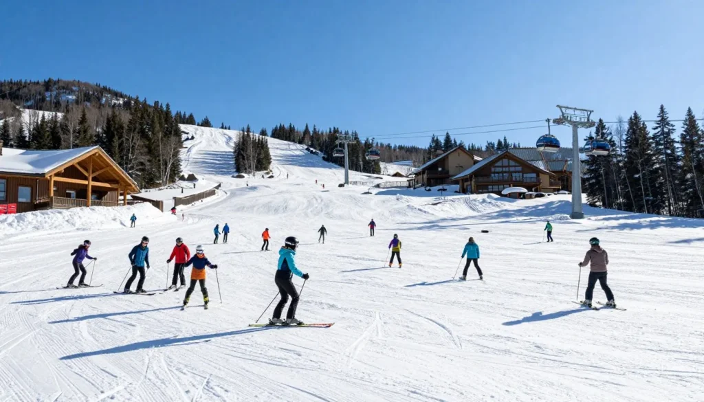 Diverse group of skiers enjoying activities at Eagle Point Resort Utah on beautiful day Diverse group of skiers enjoying activities at Eagle Point Resort Utah on beautiful day