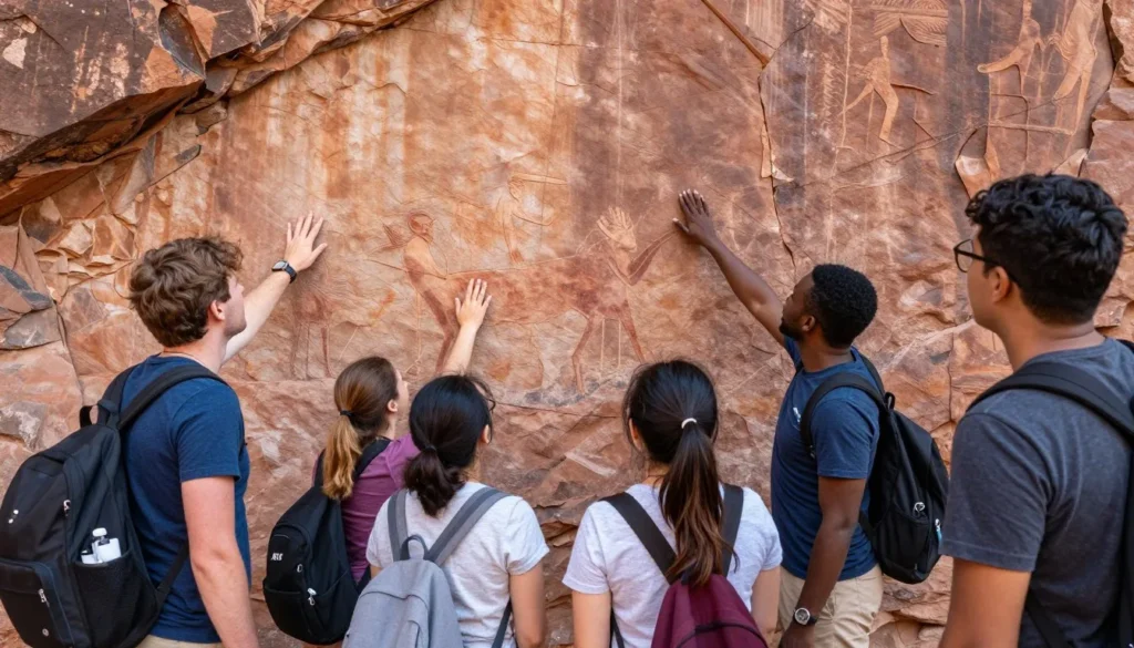 Diverse group of tourists exploring McElmo Canyon archaeological sites together Diverse group of tourists exploring McElmo Canyon archaeological sites together
