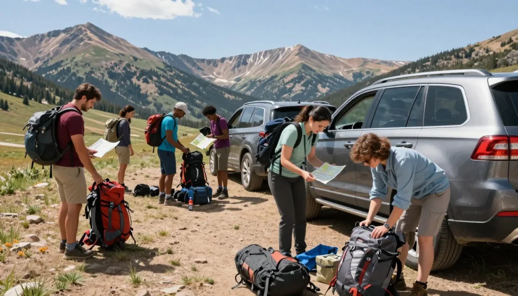 Diverse group of tourists preparing hiking gear and checking equipment near vehicle at mountain trailhead on sunny day