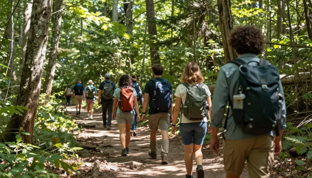 Diverse group of tourists with backpacks walking on scenic trail through Great Smoky Mountains forest Diverse group of tourists with backpacks walking on scenic trail through Great Smoky Mountains forest