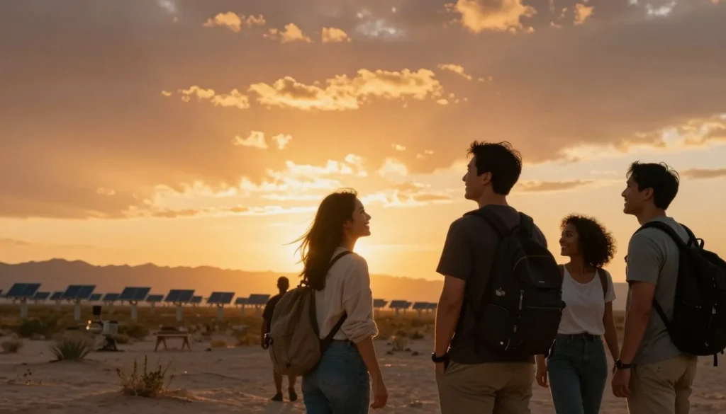 Diverse group of travelers enjoying Ivanpah Desert sunset