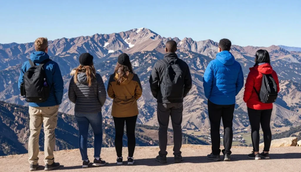 Diverse group of visitors dressed in appropriate layered clothing at a Pikes Peak scenic viewpoint with dramatic mountain landscape Diverse group of visitors dressed in appropriate layered clothing at a Pikes Peak scenic viewpoint with dramatic mountain landscape