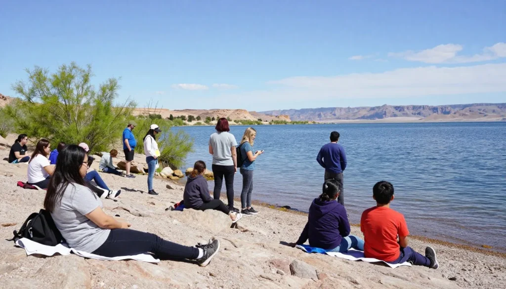 Diverse group of visitors enjoying Lake Mead shoreline during perfect spring weather Diverse group of visitors enjoying Lake Mead shoreline during perfect spring weather