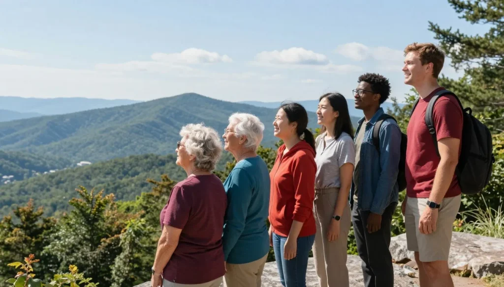 Diverse group of visitors enjoying scenic overlook in Great Smoky Mountains