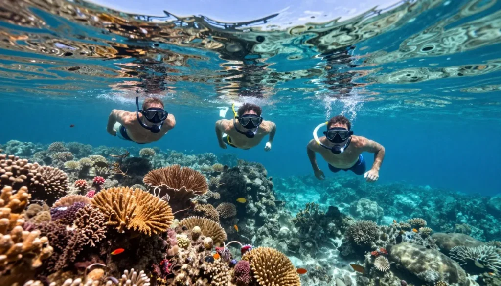 Diverse group snorkeling in clear Caribbean waters near coral reef