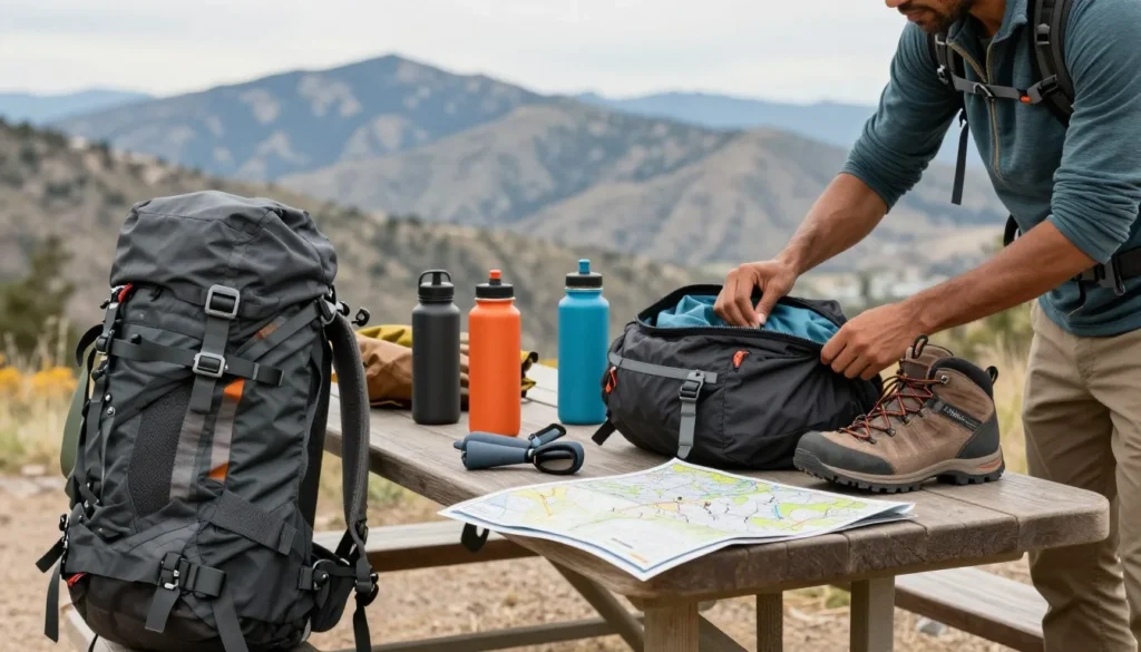 Diverse hiker organizing daypack gear on picnic table before mountain hike