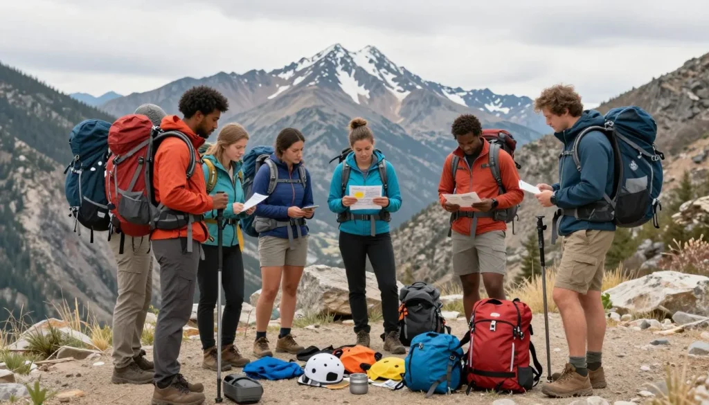 Diverse hikers checking weather and preparing safety gear at trailhead
