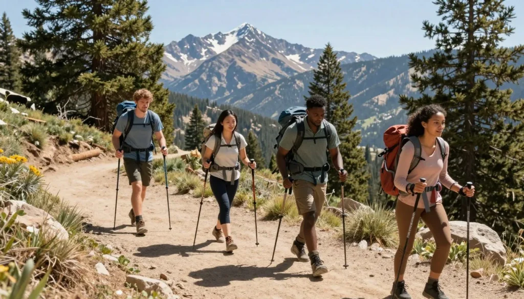 Diverse hikers on Mount Rose trail following proper hiking etiquette Diverse hikers on Mount Rose trail following proper hiking etiquette
