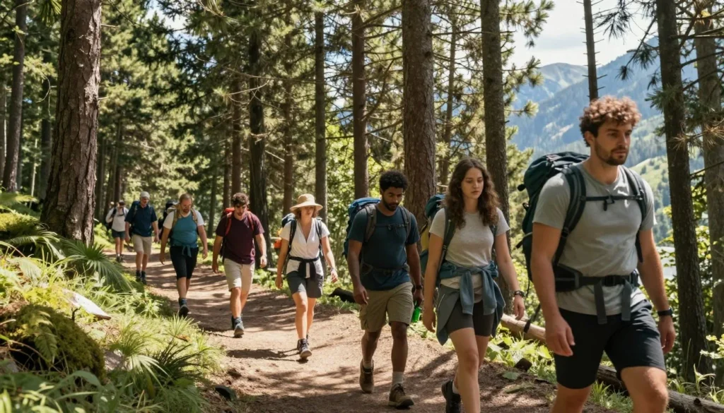 Diverse hikers on forest trail through pine trees in Spring Mountains