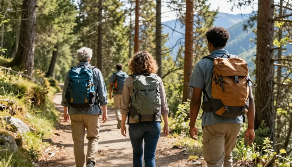 Diverse hikers on forest trail with backpacks exploring Cherokee National Forest Tennessee