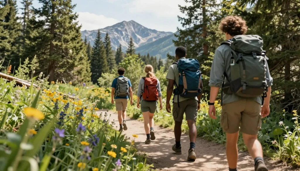 Diverse hikers on forest trail with dappled sunlight and mountain peaks ahead