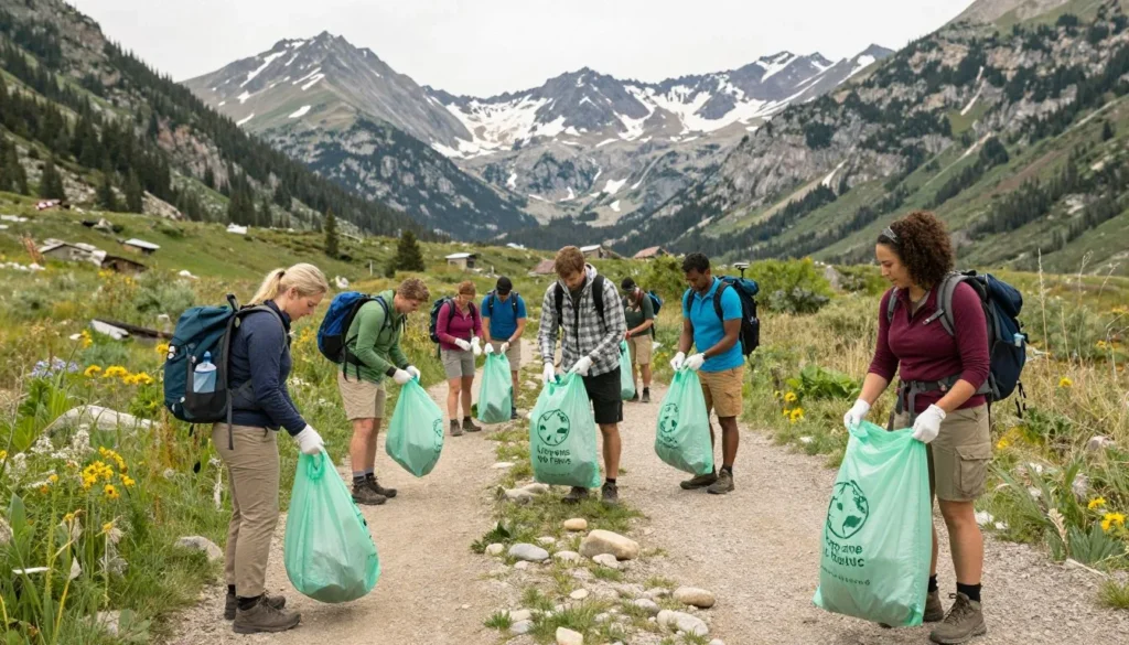 Diverse hikers practicing Leave No Trace by packing out trash