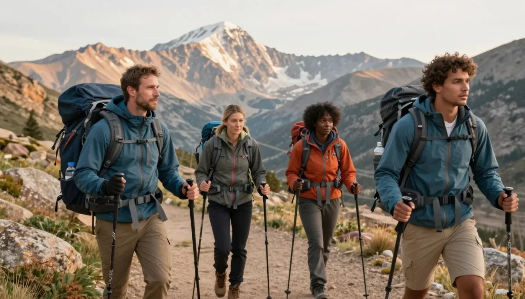 Diverse hikers properly equipped for Colorado mountains