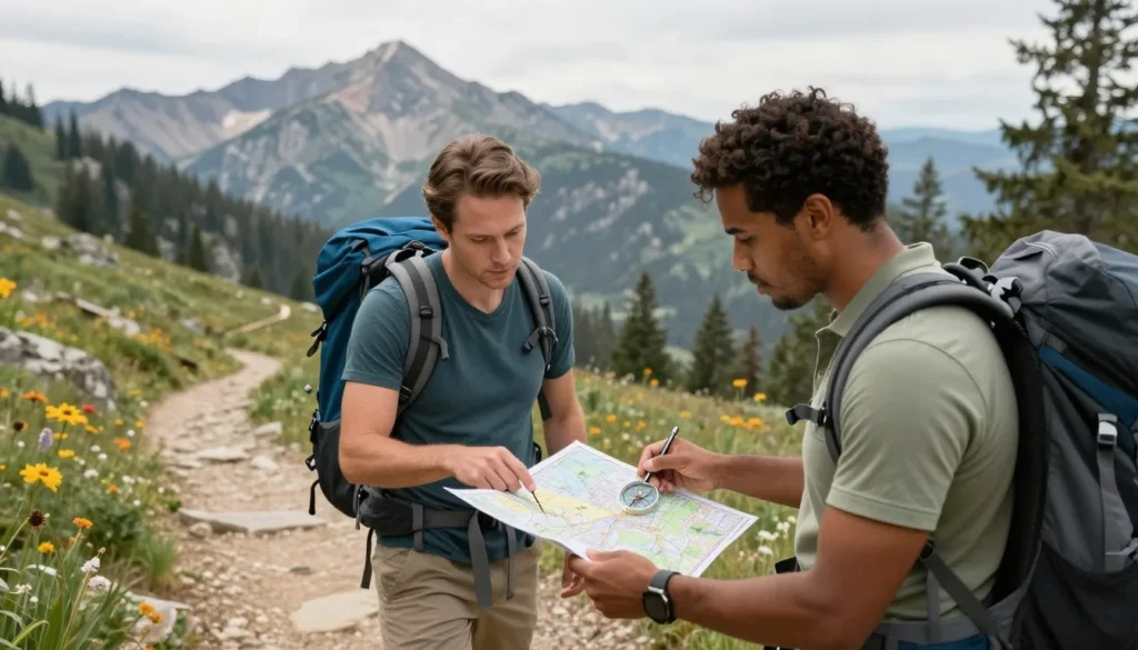 Diverse hikers reviewing map and compass on mountain trail