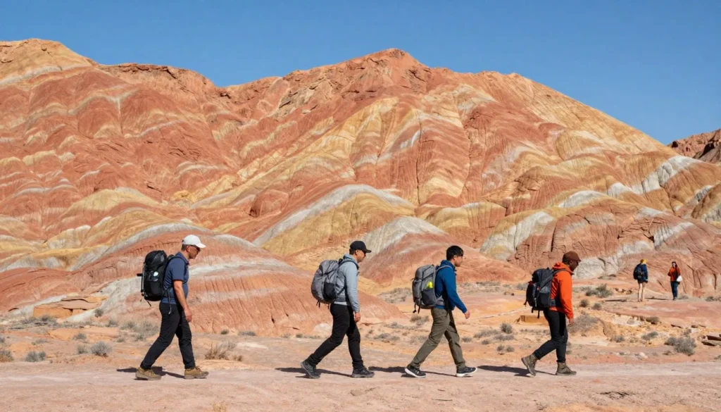 Diverse hikers trekking through colorful layered rock formations in Grand Staircase
