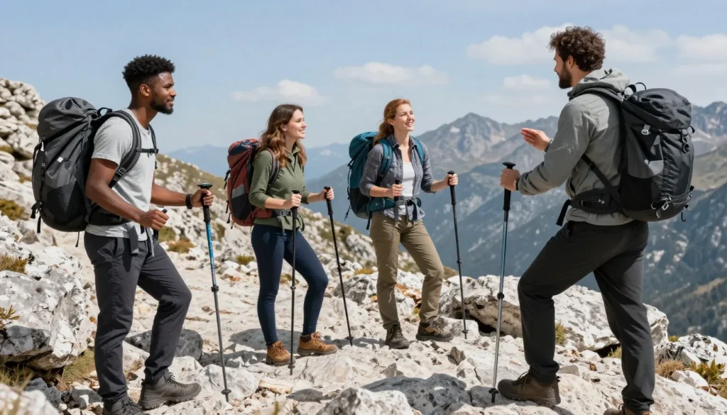Diverse hikers using trekking poles on mountain trail Diverse hikers using trekking poles on mountain trail