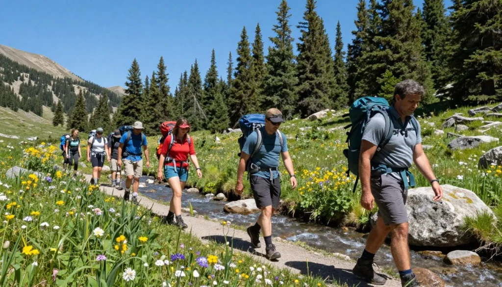 Diverse hikers walking along mountain creek trail with backpacks surrounded by wildflowers and forest Diverse hikers walking along mountain creek trail with backpacks surrounded by wildflowers and forest