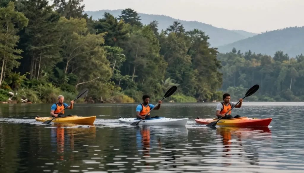 Diverse kayakers on calm reservoir water with forest and mountains surrounding