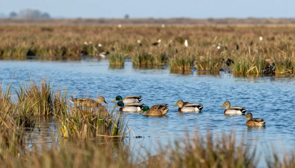 Diverse migratory birds feeding in Tennessee wetlands habitat
