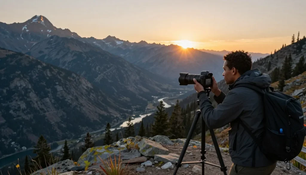 Diverse photographer with tripod capturing sunrise over Bear River Range peaks