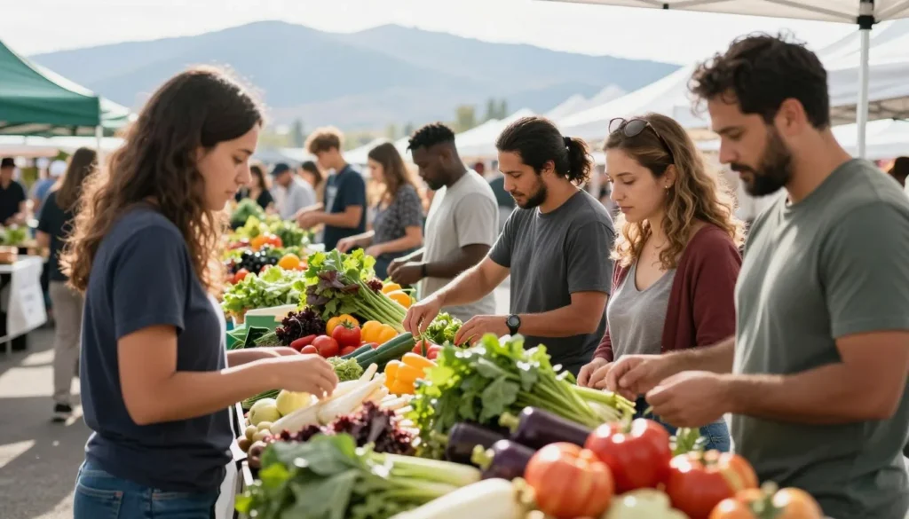 Diverse shoppers buying fresh produce at farmers market with mountain views