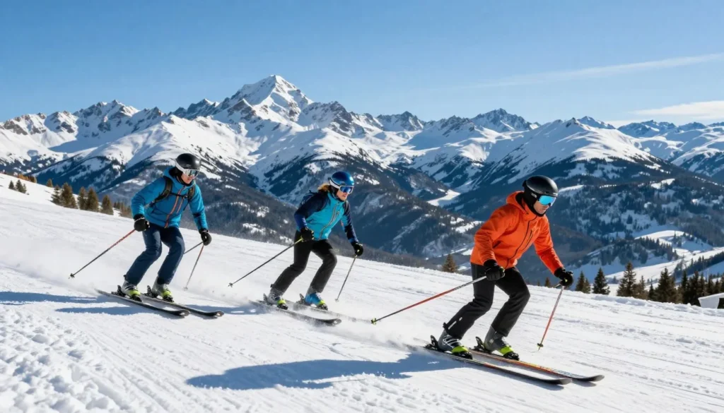 Diverse skiers enjoying sunny day on mountain slope with Bear River Range panorama