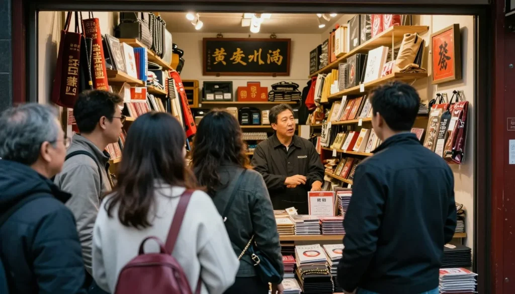 Diverse tourists respectfully exploring traditional Chinese shop in Chinatown Diverse tourists respectfully exploring traditional Chinese shop in Chinatown