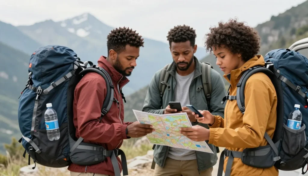 Diverse traveler checking map and phone at scenic mountain pullout with organized daypack Diverse traveler checking map and phone at scenic mountain pullout with organized daypack