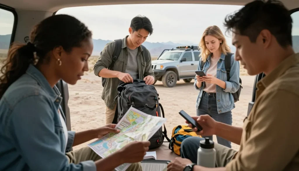 Diverse travelers consulting map and preparing equipment before exploring Hamilton Nevada ghost town