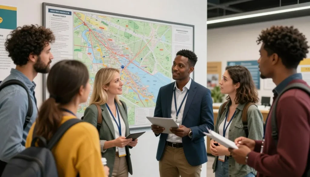 Diverse travelers consulting with visitor center staff looking at area map