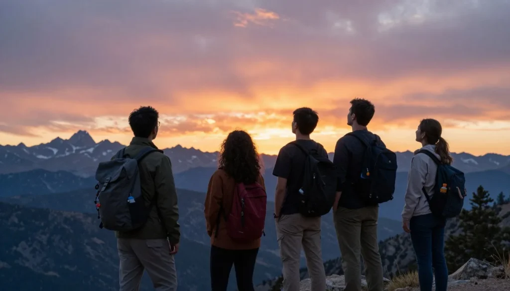 Diverse travelers enjoying La Veta Pass Colorado sunset Diverse travelers enjoying La Veta Pass Colorado sunset