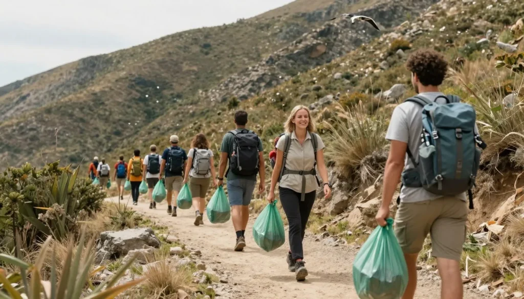 Diverse travelers practicing Leave No Trace principles on mountain trail Diverse travelers practicing Leave No Trace principles on mountain trail