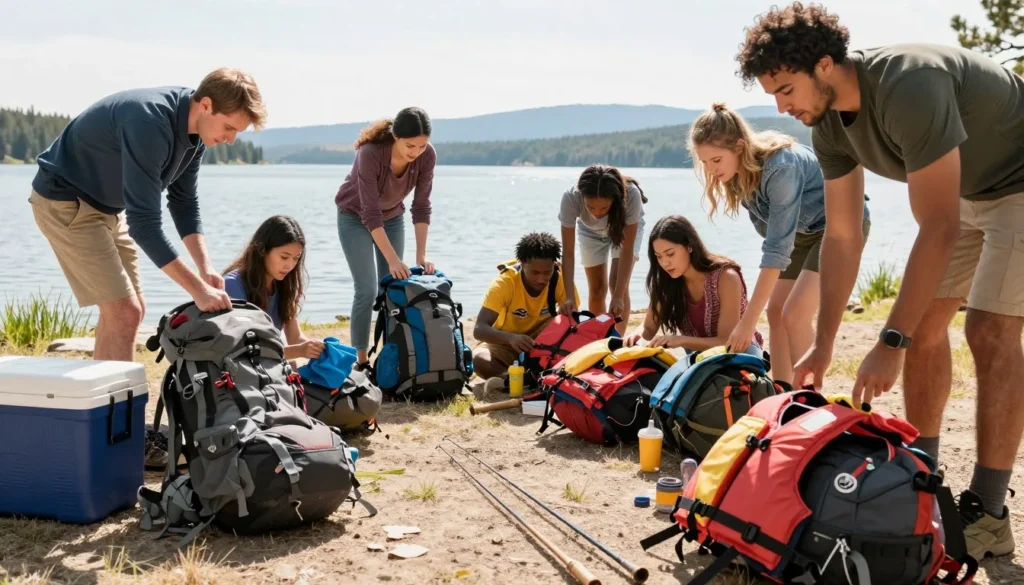 Diverse travelers preparing outdoor gear and supplies for Lake Granby trip Diverse travelers preparing outdoor gear and supplies for Lake Granby trip