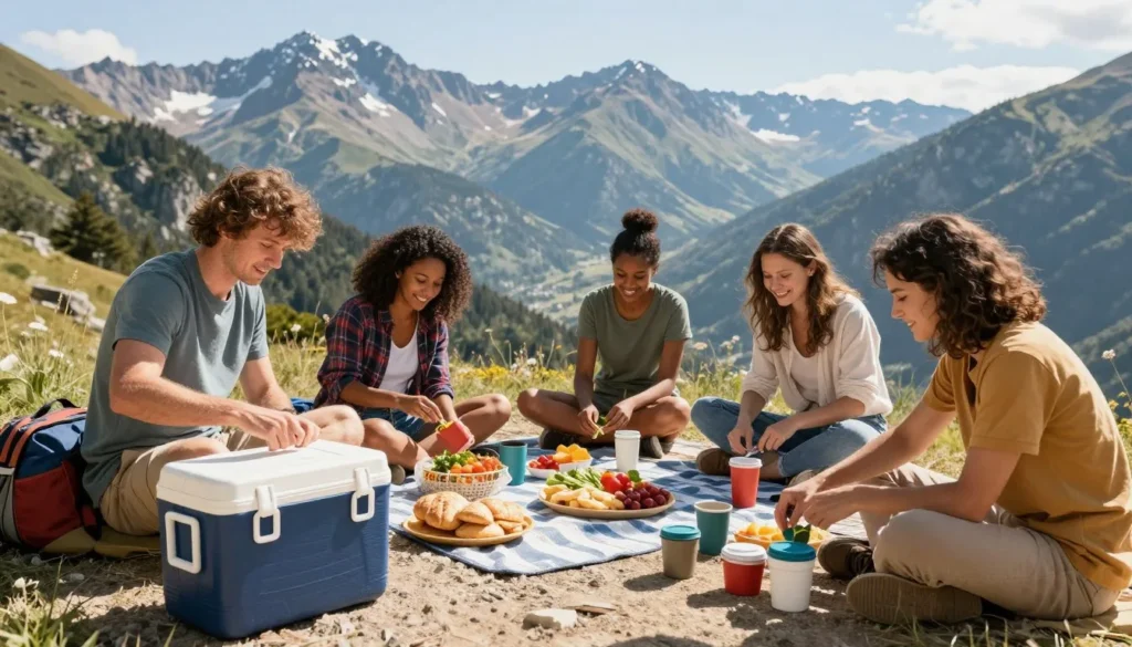 Diverse travelers preparing picnic lunch at scenic mountain roadside pullout Diverse travelers preparing picnic lunch at scenic mountain roadside pullout