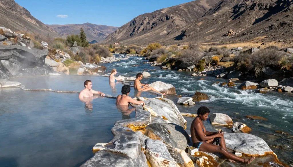 Diverse visitors soaking in natural rock pools at Penny Hot Springs with mountain scenery