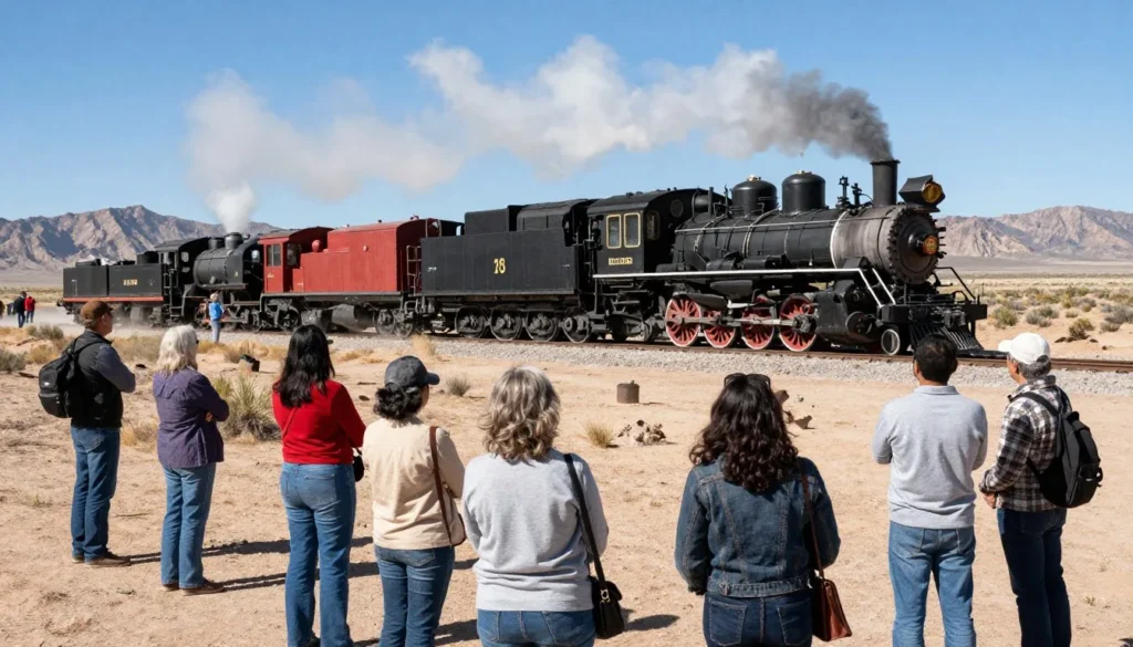 Diverse visitors watching historic locomotive demonstration at Golden Spike