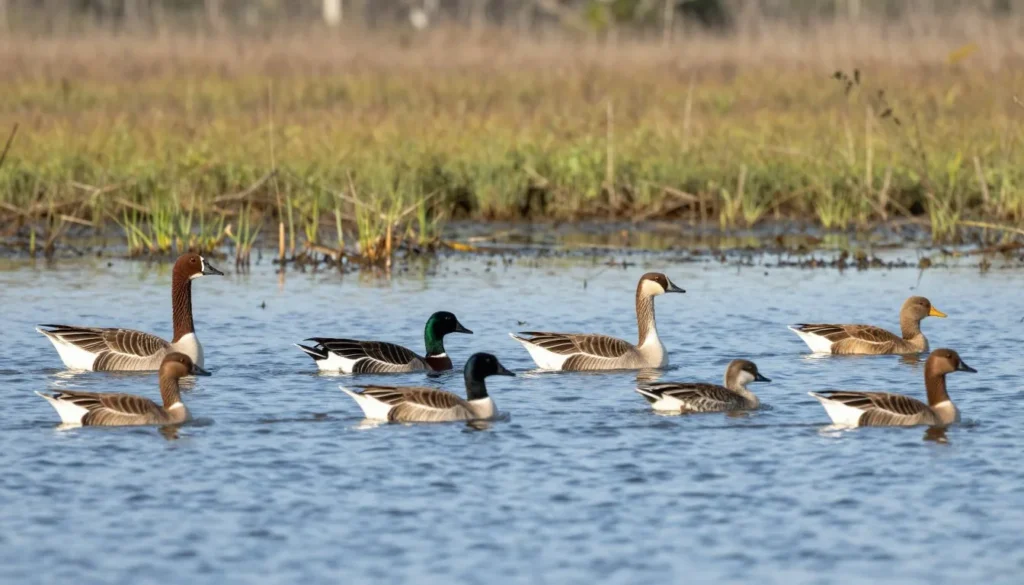 Diverse waterfowl birds in Louisiana marsh habitat Diverse waterfowl birds in Louisiana marsh habitat
